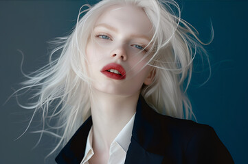 Studio fashion Portrait of Natural beauty white haired albino blue eyes businesswoman