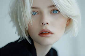 Fototapeta premium Studio fashion Portrait of Natural beauty white haired albino blue eyes businesswoman