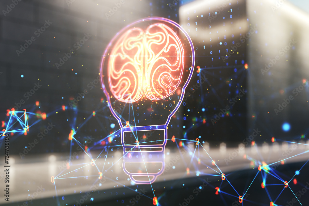 Poster Abstract virtual idea concept with light bulb and human brain illustration on blurry modern office building background. Neural networks and machine learning concept. Multiexposure
