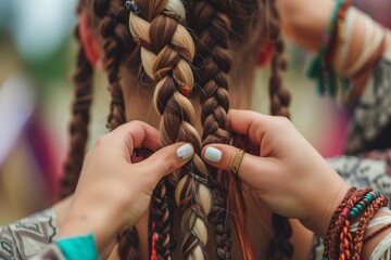 person weaving intricate braids for a festival look - obrazy, fototapety, plakaty