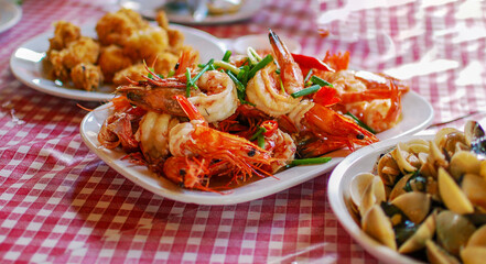 Delicious seafood salad on the table