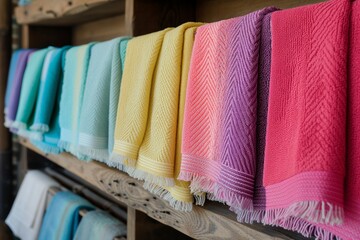 row of colorful hammam towels on wooden shelf - obrazy, fototapety, plakaty