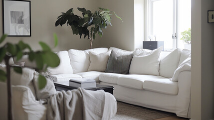 There is a white corner sofa and Scandinavian home interio. Generative AI