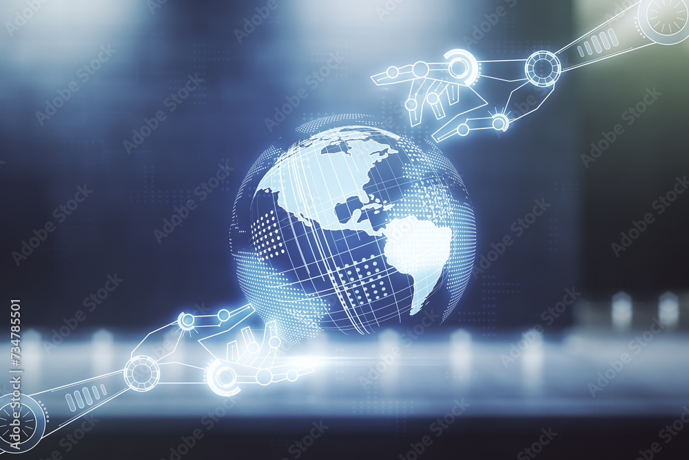 Poster abstract virtual robotics technology sketch with globe on contemporary business center exterior back