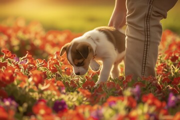 person playing with a puppy in a meadow of petunias - obrazy, fototapety, plakaty