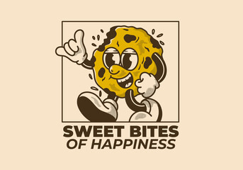 Sweet bites of happiness. Mascot character of a walking cookies in retro style