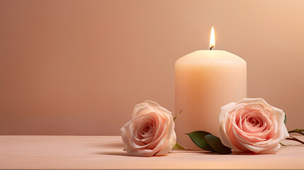 Lighted aromatic candles are placed on a wooden cream colored circular platform and pink Rose flowers all around on a light beige cream background created with Generative AI Technology