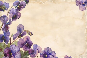 close-up photo of a vintage sheet of paper with a faded ink inscription, surrounded by a circle of vibrant purple wildflowers - obrazy, fototapety, plakaty