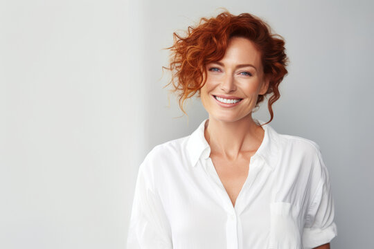 Radiant Middle-aged Woman with Curly Red Hair Smiling Happily at Camera Against Bright Background with Copyspace