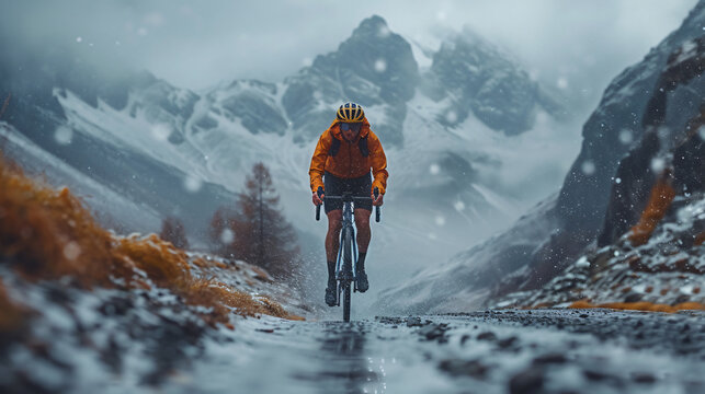 Cyclist in mountain landscape.