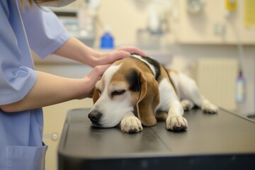 person gently patting a lethargic beagle on a vets exam table - obrazy, fototapety, plakaty