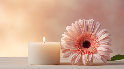 Lighted aromatic candles are placed on a wooden cream colored circular platform and pink Gerbera Daisy Herbras flowers all around on a light pink background