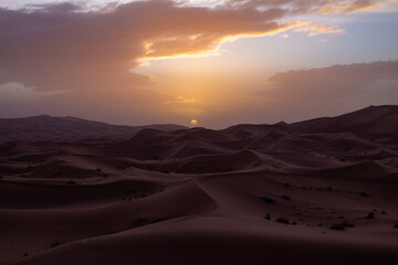 Fototapeta na wymiar Vast desert landscape adorned with sandy dunes and a captivating sunset