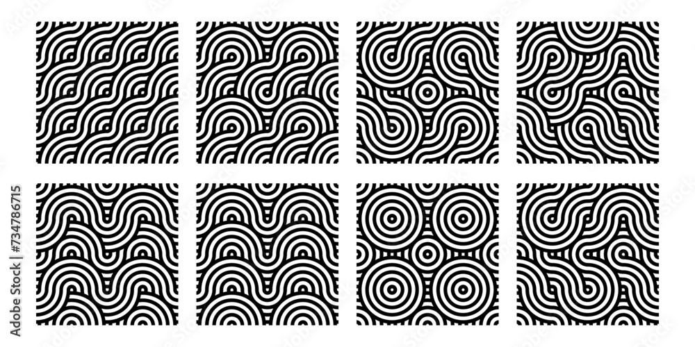 Poster abstract seamless pattern set, vector wave illustration, oriental background collection
