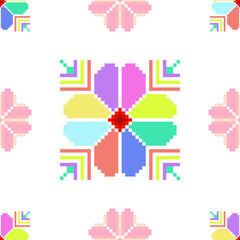 Floral pixel art pattern on white background. geometric ethnic oriental embroidery vector illustration. pixel style, abstract background, cross stitch. design for texture, fabric, cloth, scarf