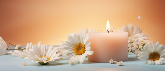 Lighted aromatic candles are placed on a wooden cream colored circular platform and Daisy flowers all around on a light beige background created with Generative AI Technology 