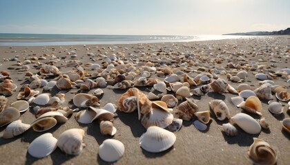 Fototapeta na wymiar Wide view over a lot of seashells on a sandy beach and the sea into the horizon
