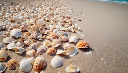 Fototapeta na wymiar A lot of seashells bordering on a sandy beach