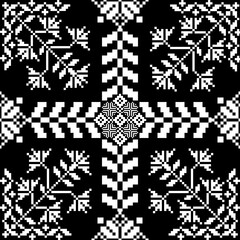 Floral pixel art pattern on white background. geometric ethnic oriental embroidery vector illustration. pixel style, abstract background, cross stitch. design for texture, fabric, cloth, scarf
