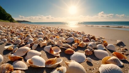 Fototapeta na wymiar A lot of seashells on a sandy beach at noon