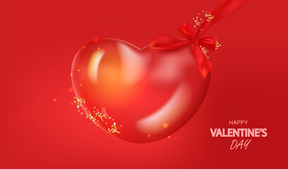 Realistic transparent glass heart hanging on red ribbon with gold glitter confetti. 3d vector holiday design decorations. Valentine day  glass heart empty inside on red background. - 734787137