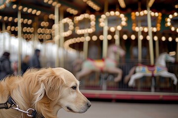 dog on a leash appears focused, blurred carousel spins in background - obrazy, fototapety, plakaty