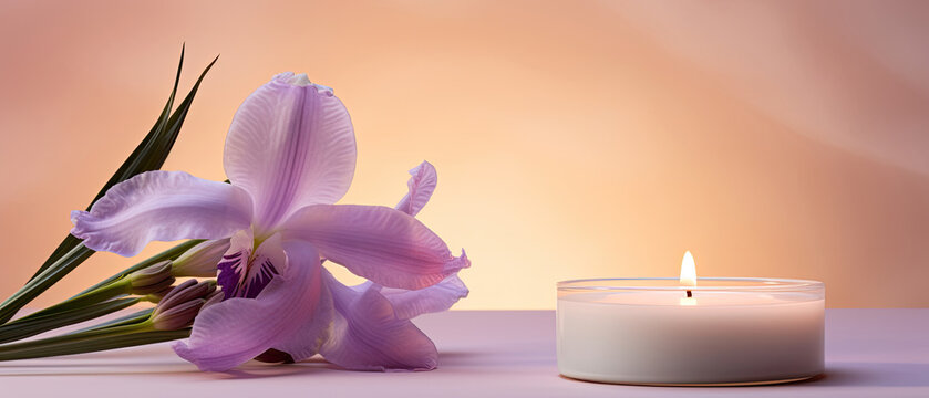 Lighted aromatic candles are placed on a wooden cream colored circular platform and purple Iris flowers all around on a light beige cream background created with Generative AI Technology 