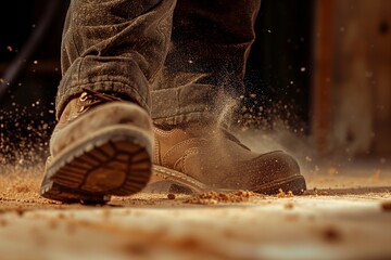 closeup on a lumberjacks boots stepping on sawdust - obrazy, fototapety, plakaty
