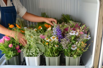 florist organizing a cooler with various flower bouquets