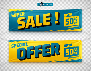 Vector realistic illustration of promotional banners on a transparent background.