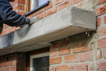 builder installing a concrete lintel over a brick window opening - obrazy, fototapety, plakaty