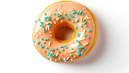 donut isolated on white background with shadow. donut with glazing and sprinkles on top. tasty donut top view. donut flat lay