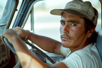 A Hispanic Latino truck driver post relax in driver seat a vintage truck as industry transportation concept.