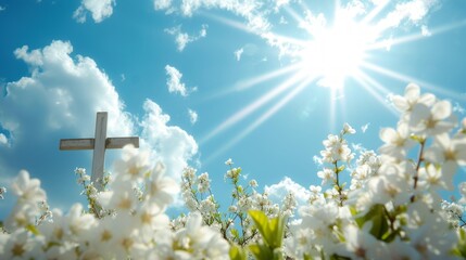 Wooden Cross and Spring Blossoms Under Heavenly Sun