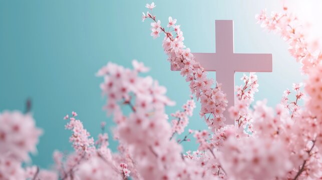 Pastel colors Religious themed banner Christian Cross Amidst Spring Cherry Blossoms