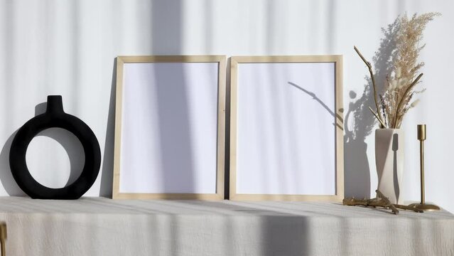 Video photo frames mockup with white vase and dry flowers