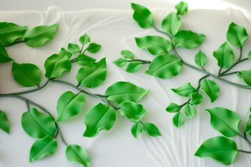 green fondant leaves being added to a floral cake design