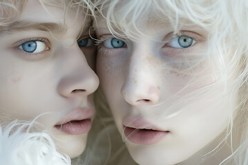 Obraz premium Studio fashion Portrait of Natural beauty white haired albino blue eyes couple