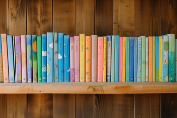 wooden shelf with row of colorful childrens books