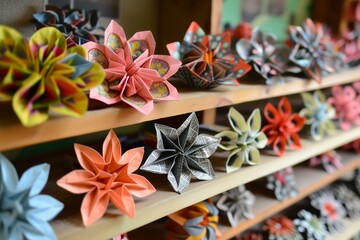 Obraz na płótnie Canvas array of intricate origami flowers on a wooden shelf