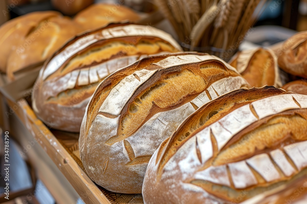 Wall mural baked loaves with a crisp crust in a display