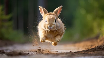 Foto op Aluminium cute bunny rabbit is running and jumping on the dirt road created with Generative AI Technology © AstraNova