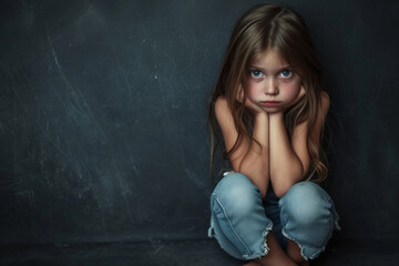 Obraz na płótnie Canvas Wistful little girl in t shirt and jeans sitting with tighten legs and grabbing legs with hands on and looking at camera. sad and depressed little girl sitting near the wall. banner