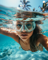 Naklejka premium Underwater View of Woman with Snorkeling Mask in Tropical Ocean in summer, perfect summertime 