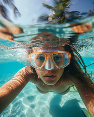 Fototapeta premium Underwater View of Woman with Snorkeling Mask in Tropical Ocean in summer, perfect summertime 