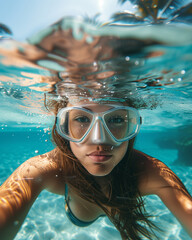 Naklejka premium Underwater View of Woman with Snorkeling Mask in Tropical Ocean in summer, perfect summertime 