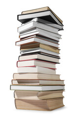 High stack of many different books isolated on white