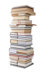 High stack of many different books isolated on white
