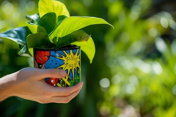 individual holding a pop art styled plant pot with a comic burst design