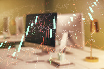 Multi exposure of abstract creative financial chart with world map on laptop background, research...